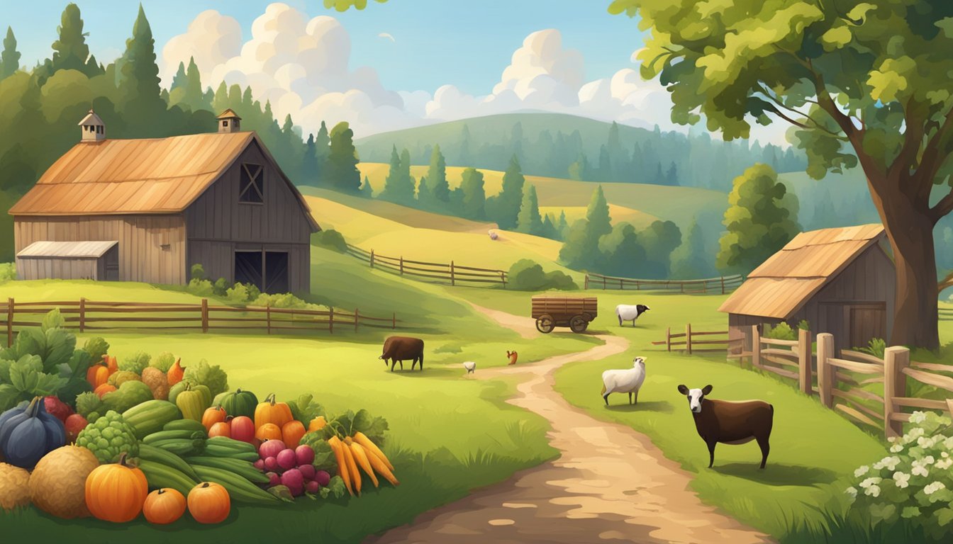 A pastoral landscape with a small, rustic farm featuring free-roaming animals and a variety of fresh produce