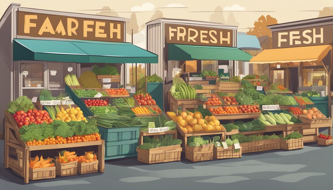 A colorful farmers market with various fruits, vegetables, and other fresh produce displayed in baskets and crates. A sign reads "Farm Fresh" with other vague healthy claims on packaging