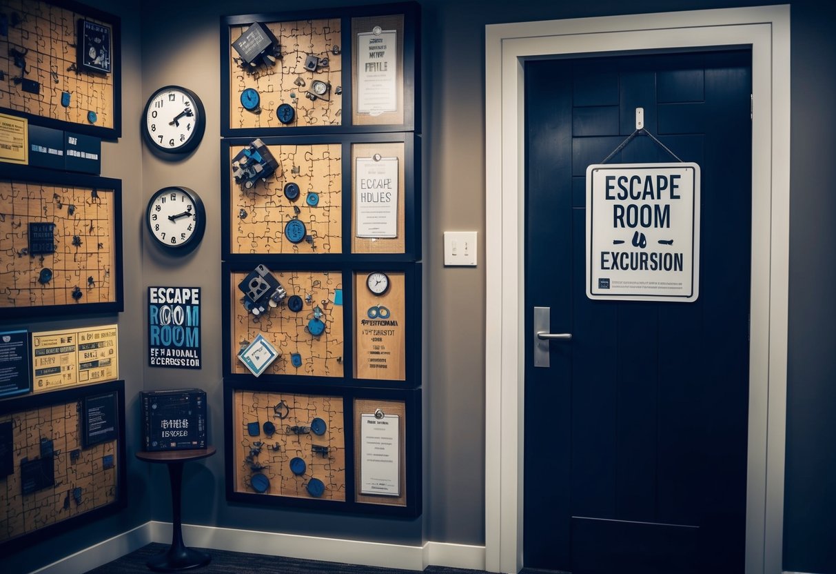 A room filled with puzzles and clues, a countdown clock on the wall, and a locked door with a sign that reads "Escape Room Excursion."