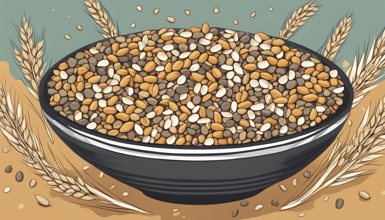 A bowl of mixed whole grains surrounded by various grains and seeds, with a banner overhead reading "Made with Whole Grains."