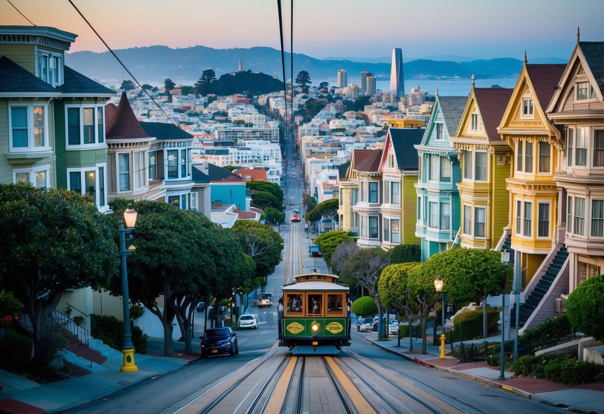 A cable car winds through the hilly streets of San Francisco, passing by colorful Victorian houses and offering panoramic views of the bay area
