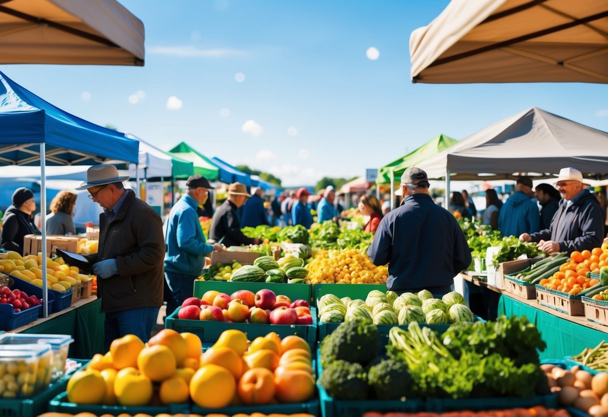 A bustling farmers market with colorful produce, vendors, and shoppers browsing under a sunny sky