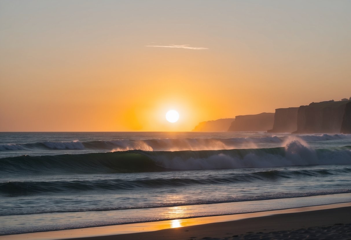 The sun sets over Ocean Beach, casting a warm glow on the crashing waves and silhouetting the distant cliffs
