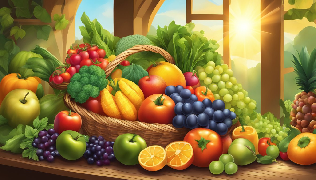 A vibrant assortment of fruits and vegetables overflowing from a basket, surrounded by beams of golden sunlight