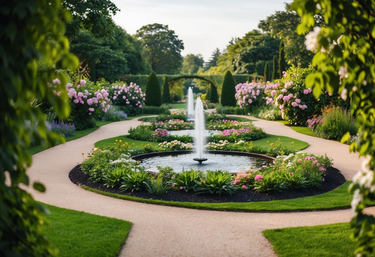 A lush garden with winding paths, blooming flowers, and peaceful fountains, creating a serene atmosphere for a romantic stroll