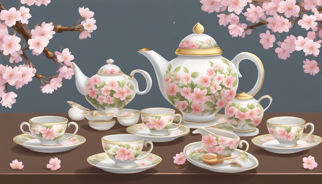 A delicate teapot surrounded by cherry blossoms and marzipan, with seven tea cups arranged neatly on a table