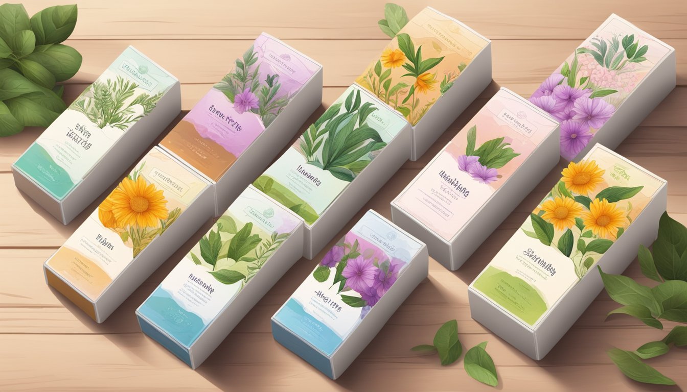 A collection of seven Yogi Healthy Skin "Slimming" tea boxes arranged on a wooden table with various herbal and floral illustrations