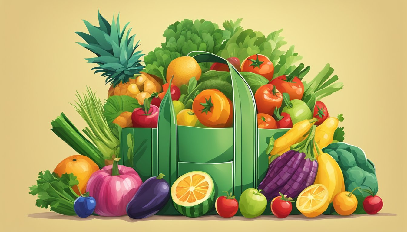 A colorful assortment of fruits and vegetables overflowing from a vibrant, overflowing grocery bag