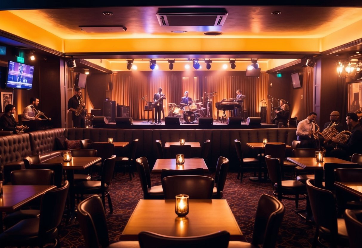 A bustling jazz club with dim lighting, cozy tables, and a stage bathed in a warm glow, filled with the sound of smooth saxophone music