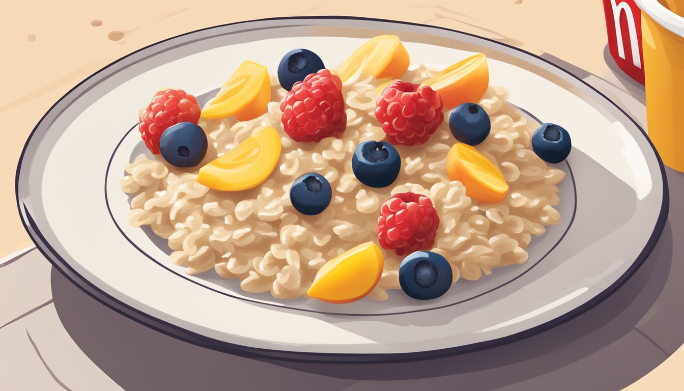 A colorful bowl of oatmeal topped with fresh fruit and a drizzle of maple syrup, sitting on a tray alongside a McDonald's logo