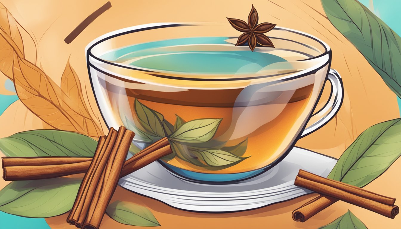 A steaming cup of Tazo Sweet Cinnamon Spice tea surrounded by colorful tea leaves and cinnamon sticks, with a slimming label crossed out