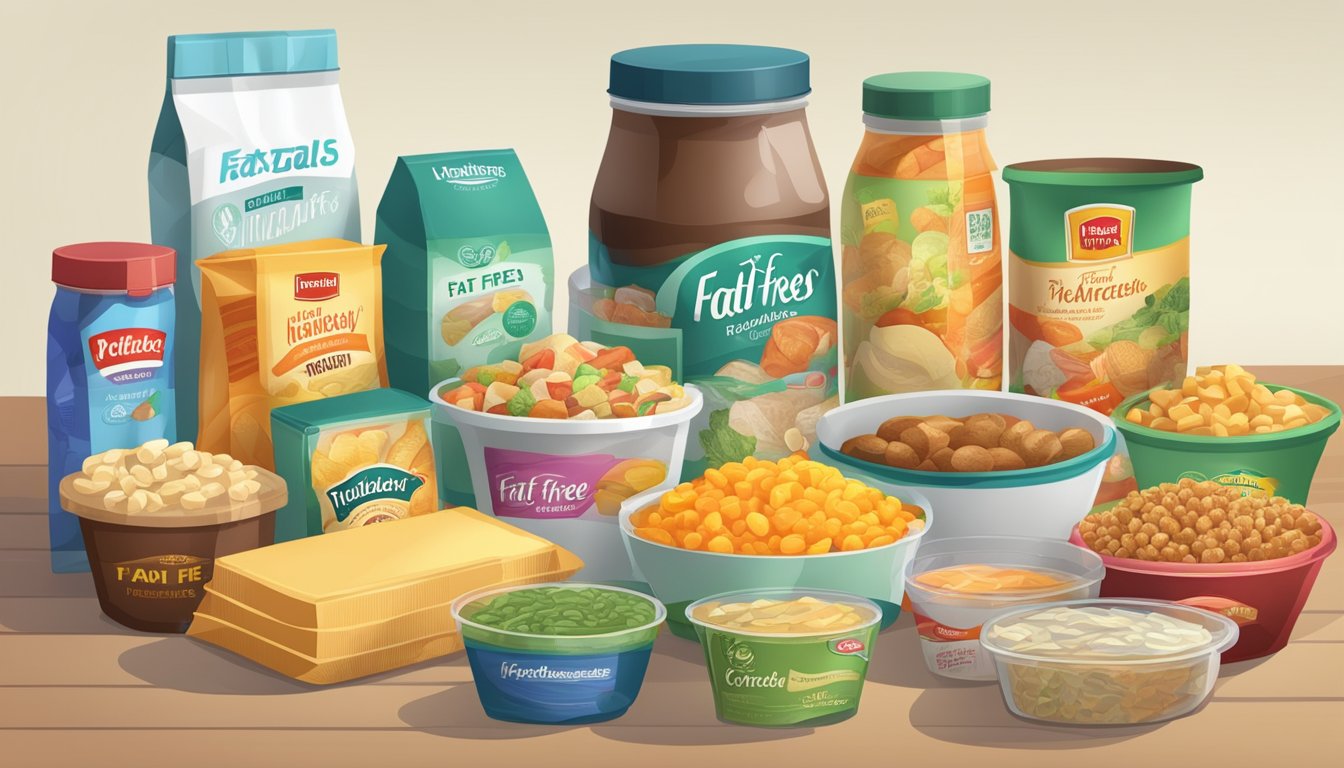 A table with a variety of packaged food items, some labeled as "fat-free" but containing unhealthy substitutes