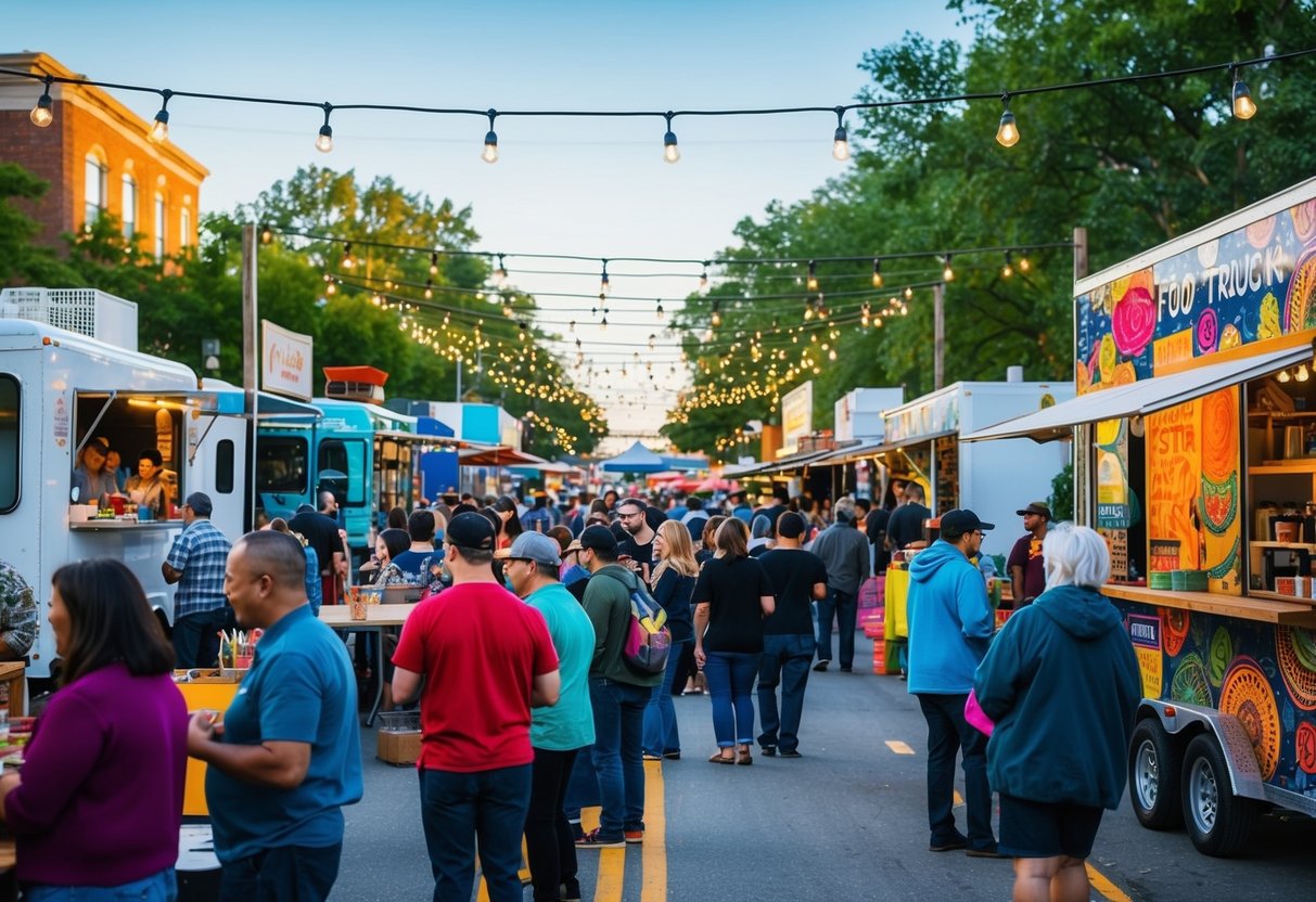 Vibrant street scene with food trucks, live music, and colorful art displays. Crowds of people browsing vendor booths under string lights