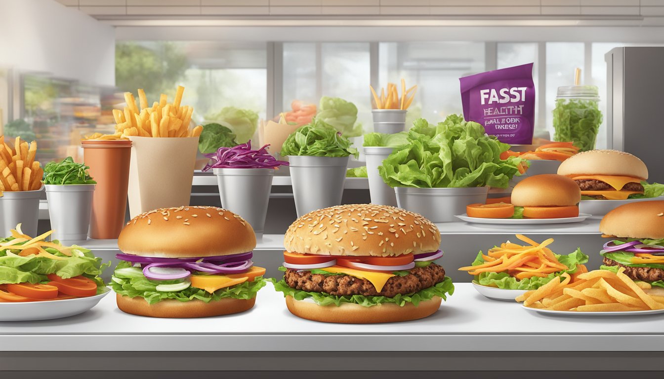 A colorful Veggie Burger from Burger King surrounded by other "healthy" fast food options, such as salads and wraps, displayed on a clean, modern counter