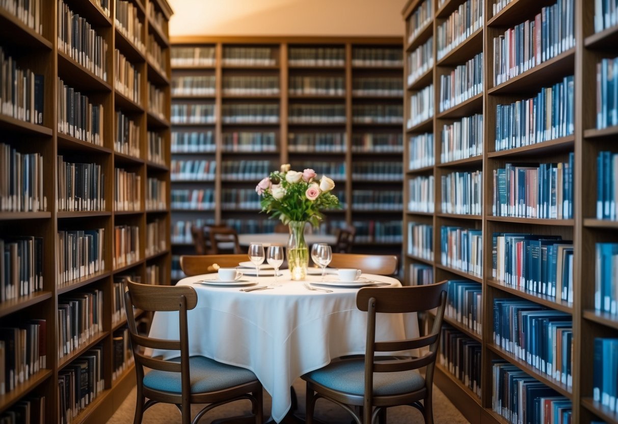 A cozy library with books neatly arranged in alphabetical order, a table set for two with a vase of flowers, and soft lighting creating a warm and inviting atmosphere