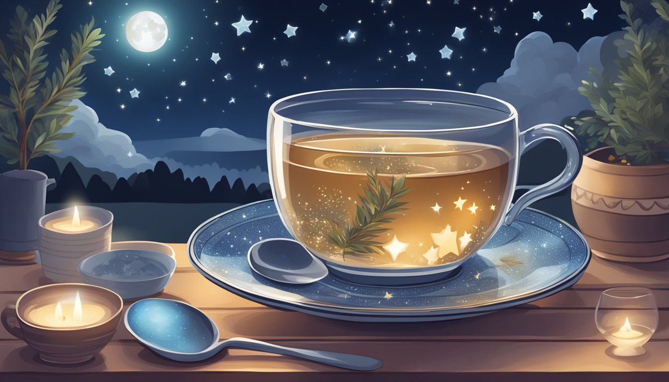 A cozy nighttime scene with a cup of Sleepytime tea surrounded by calming elements like stars, moon, and soothing colors