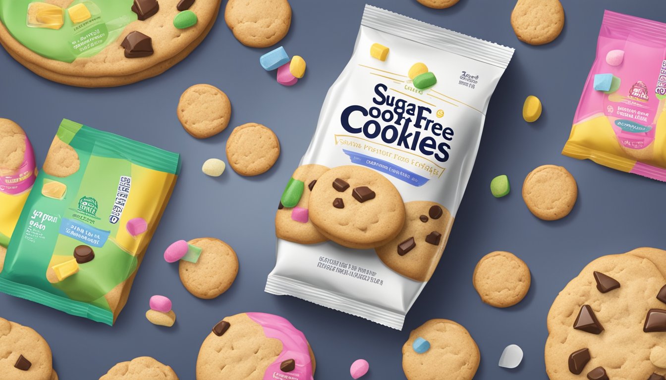 A colorful package of "sugar-free" cookies surrounded by artificial sweetener packets and a warning label