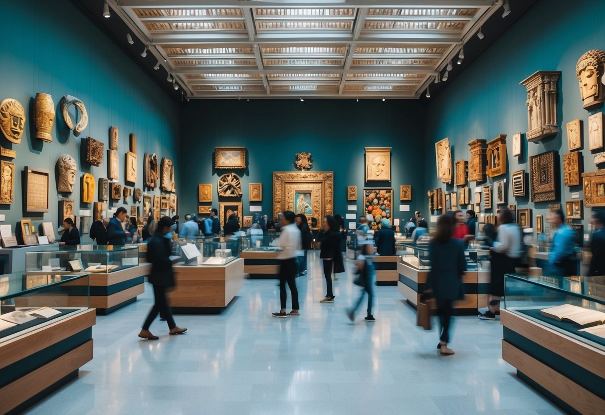 A busy museum filled with diverse art, from ancient artifacts to modern masterpieces, arranged in alphabetical order