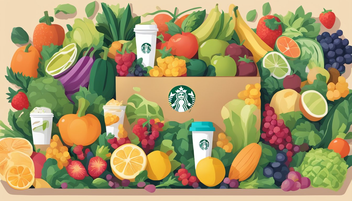 A Starbucks Protein Box surrounded by colorful fruits and vegetables, with a misleading "healthy" label