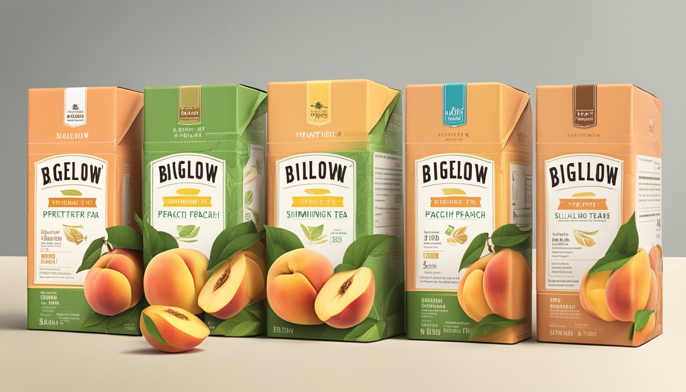 A colorful display of Bigelow Perfect Peach tea boxes with a "Slimming" label, surrounded by ripe peaches and a measuring tape