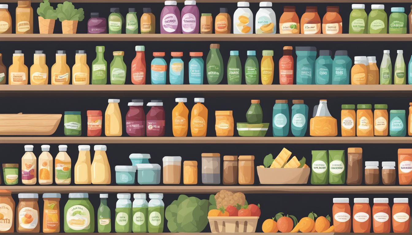 A crowded grocery store shelf with various food products boasting "all-natural" and "healthy" claims on their packaging