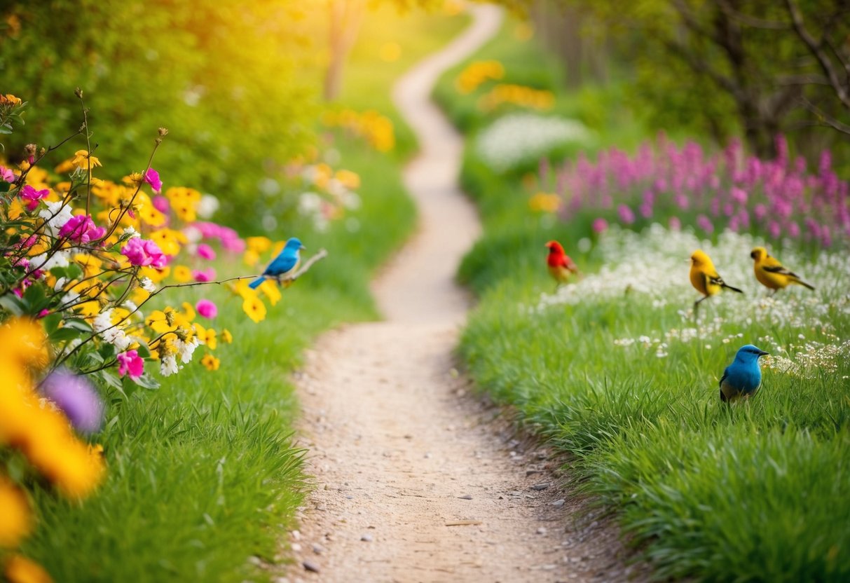 A beautiful nature trail with blooming flowers, winding paths, and colorful birds