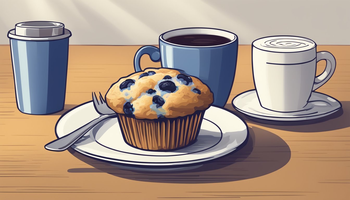 A blueberry muffin with a "reduced-fat" label sits on a plate next to a cup of coffee, suggesting a "healthy" fast food option