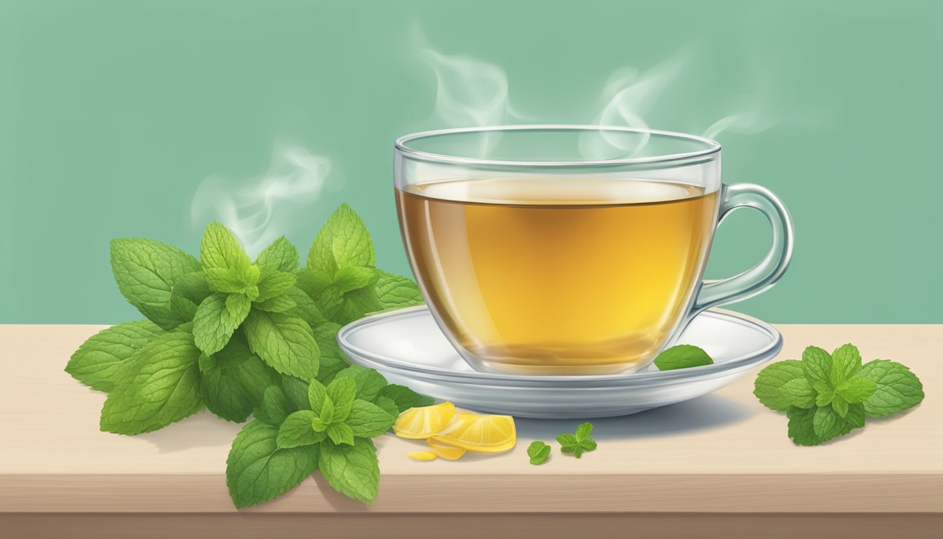 A steaming cup of Lipton Delicately Mint tea surrounded by fresh mint leaves and a measuring tape, emphasizing the irony of the "slimming" label