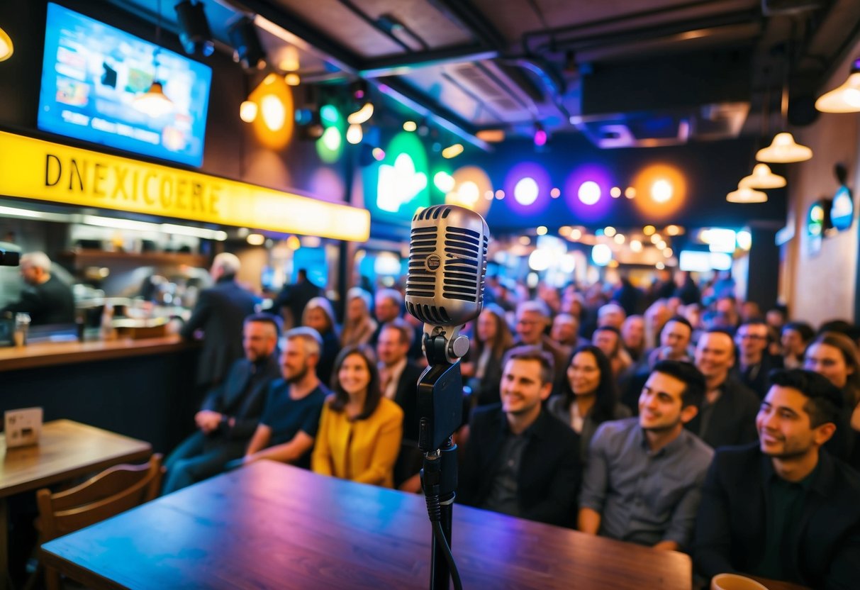 A bustling cafe, stage set with a microphone, colorful lights, and a crowd of eager listeners