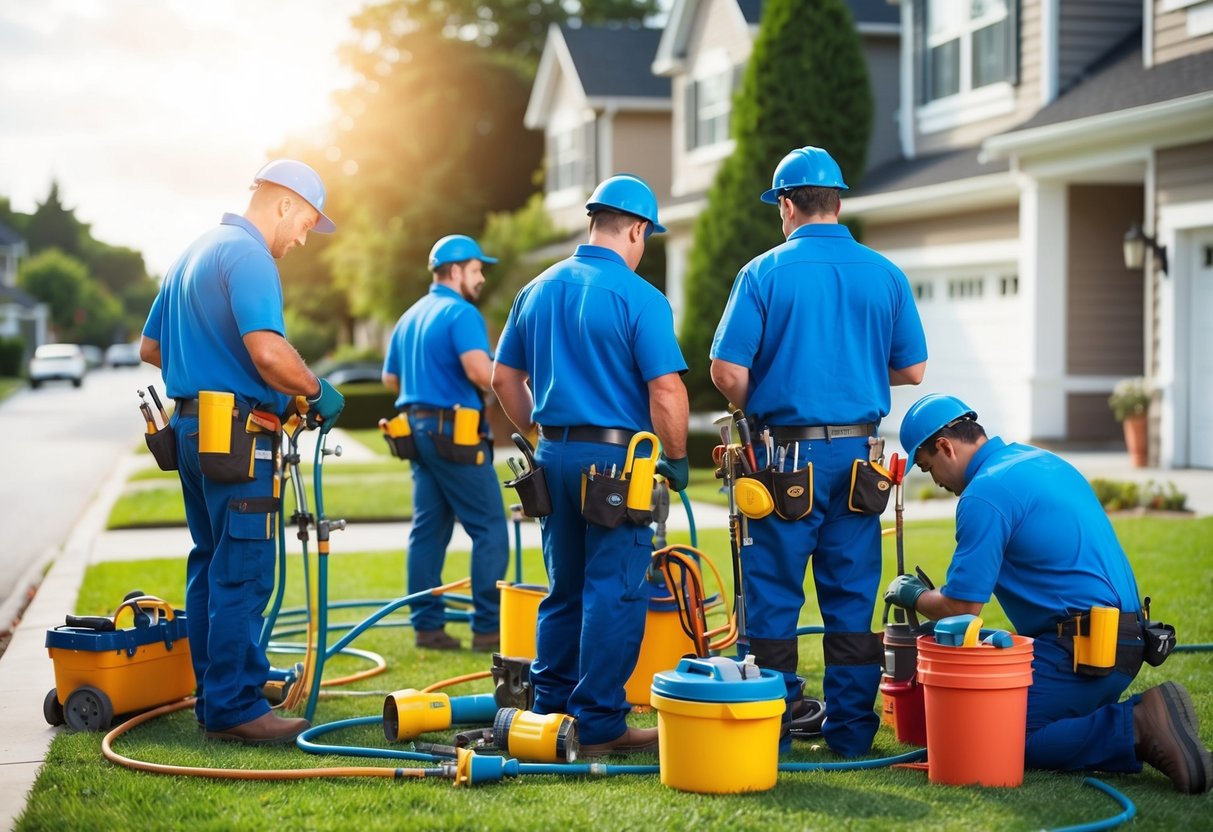 A group of plumbers working on various tasks in a residential neighborhood, with their tools and equipment scattered around