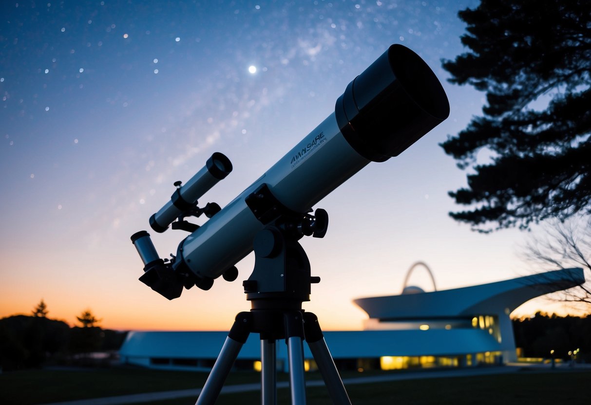 A telescope pointed towards the night sky, surrounded by silhouetted trees and the Chabot Space & Science Center in the background