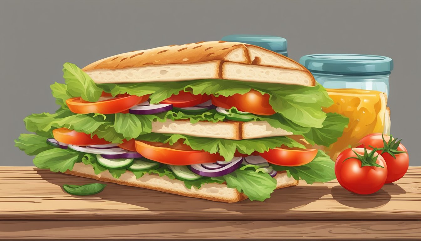 A colorful Mediterranean Veggie Sandwich displayed on a rustic wooden table with vibrant, fresh ingredients like tomatoes, cucumbers, and lettuce