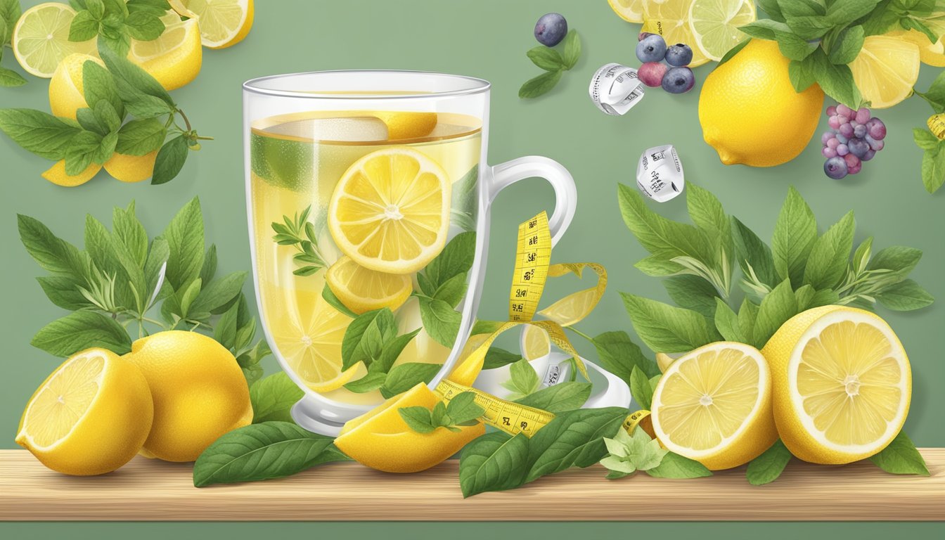 A cup of Twinings Lemon & Ginger tea surrounded by various fruits and herbs, with a measuring tape wrapped around the cup