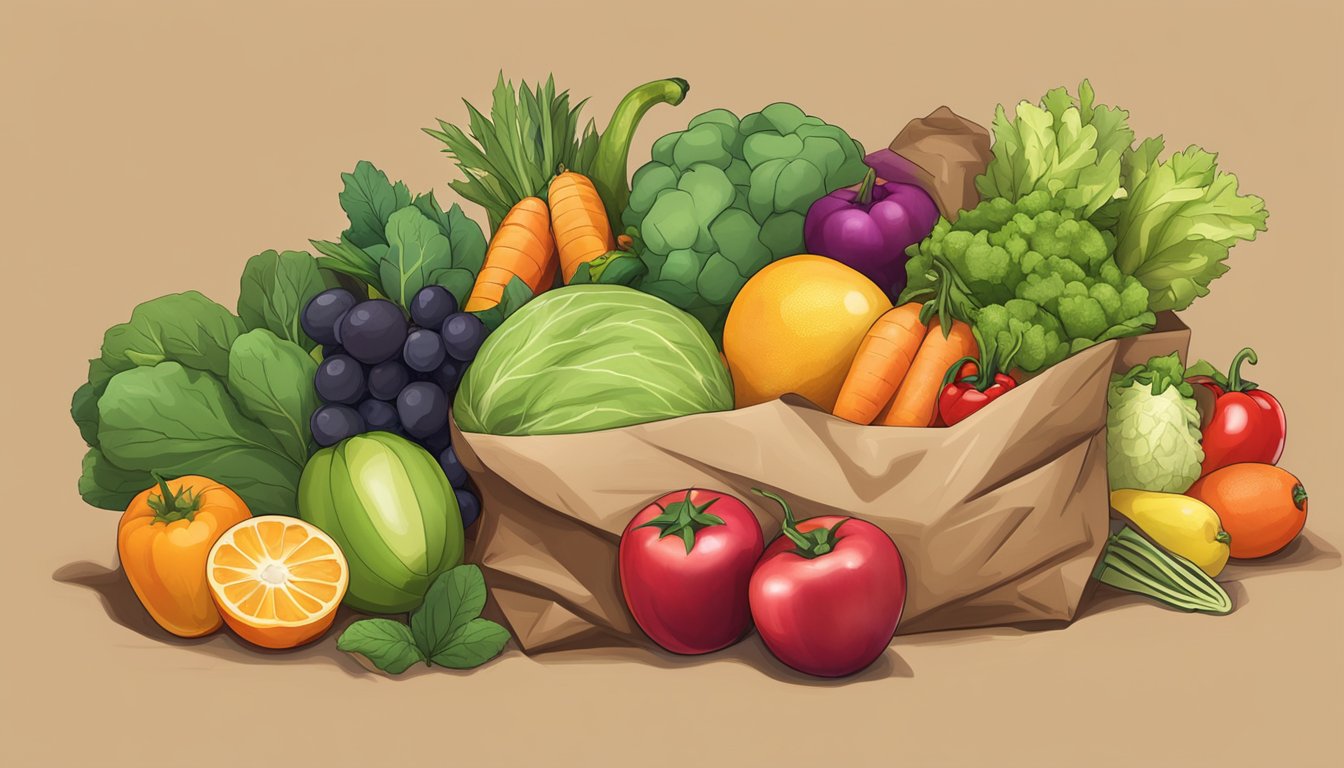 A pile of fresh fruits and vegetables spilling out of a vibrant, unadorned brown paper bag