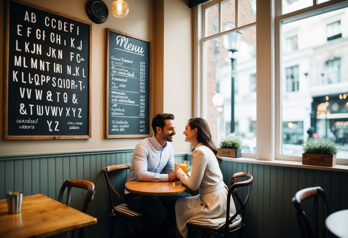 A cozy café with alphabet-themed decor, vintage furniture, and a chalkboard menu. A couple enjoys a romantic date at a small table by the window