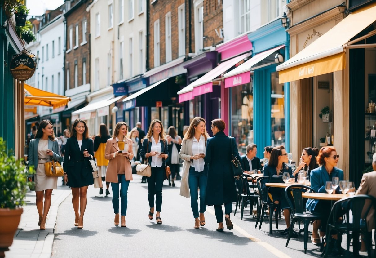 Busy street with boutique shops and cafes, people strolling and chatting, colorful storefronts and outdoor seating