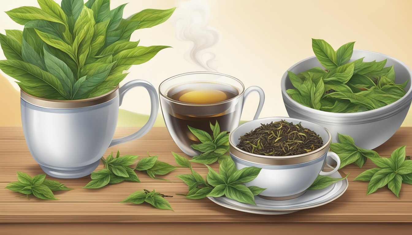 A variety of tea leaves arranged on a wooden table, with a steaming cup of tea in the background