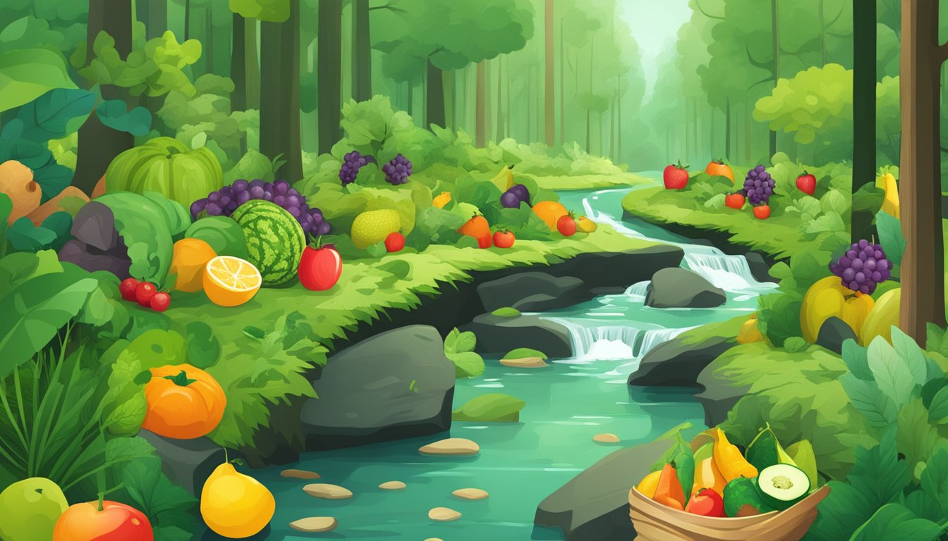 A lush green forest with a clear stream running through it. Various fruits and vegetables are scattered around, with eco-friendly packaging discarded on the ground