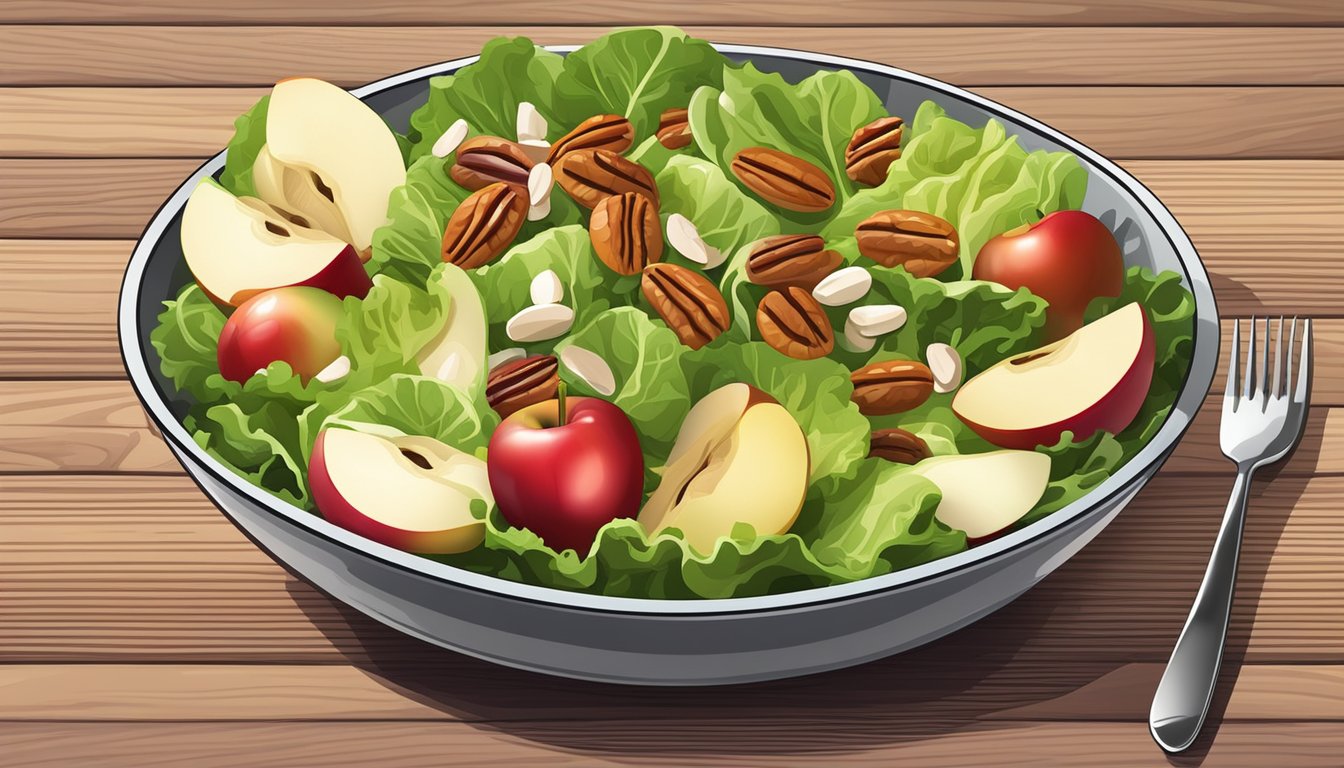 A colorful salad bowl with fresh lettuce, sliced apples, pecans, and a light vinaigrette dressing, placed on a wooden table