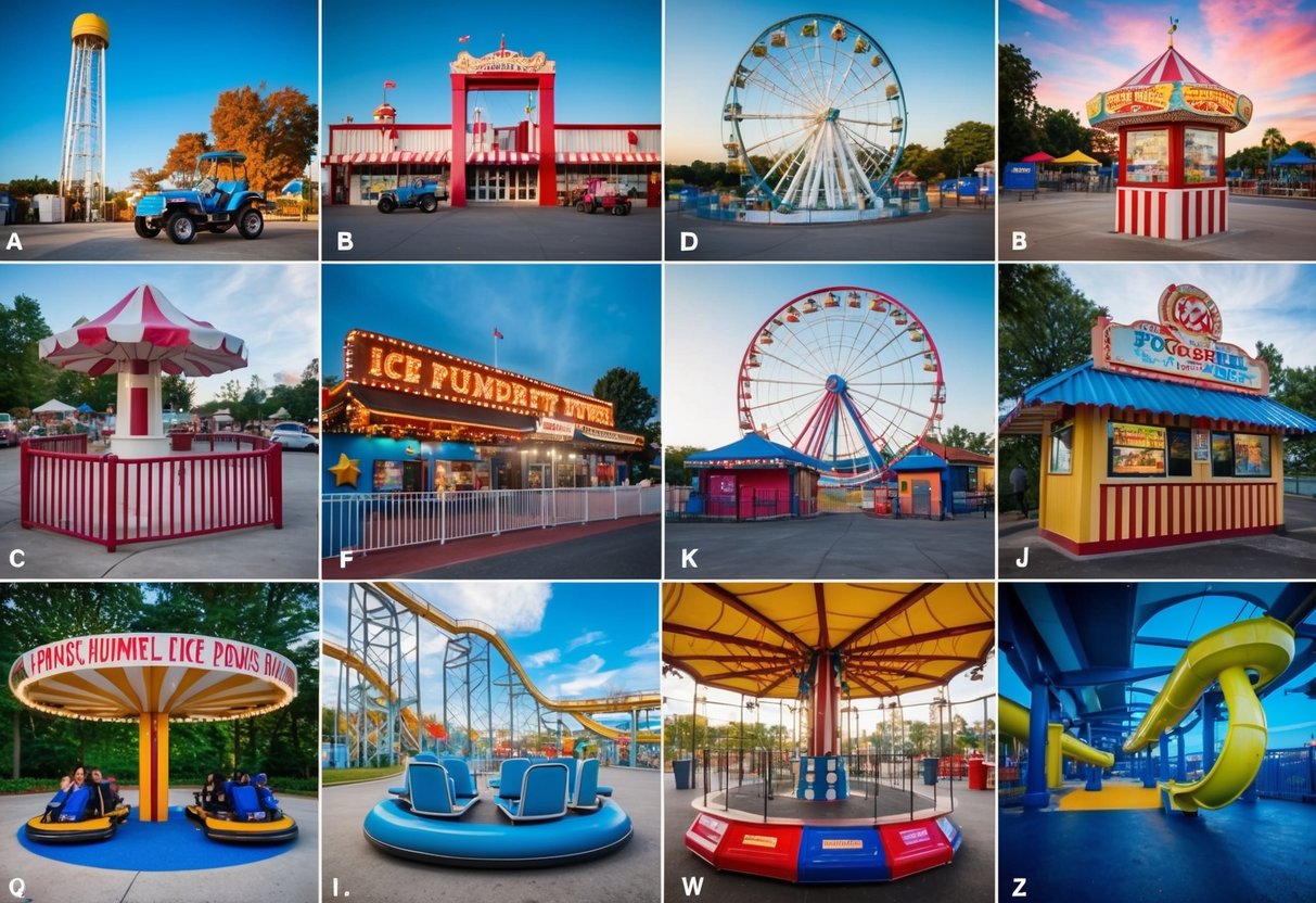 A: Amusement park entrance
B: Bumper cars
C: Carousel
D: Drop tower
E: Ferris wheel
F: Funnel cake stand
G: Go-karts
H: Haunted house
I: Ice cream shop
J: Jumbo slide
K: Kiddie rides
L: Log flume
M: Merry-go-round
N: Neon lights
O: Observation tower
P: Popcorn stand
Q: Queue lines
R: Roller coaster
S: Swings
T: Tunnel of love
U: Upside-down ride
V: Vendor stalls
W: Water ride
X: X-treme thrill rides
Y: Yoyo swings
Z: Zip line