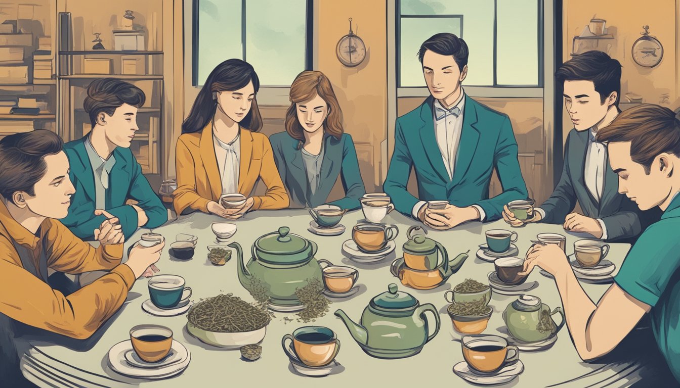 A table with various types of tea, accompanied by images of slim and fit individuals, surrounded by question marks and skeptical expressions