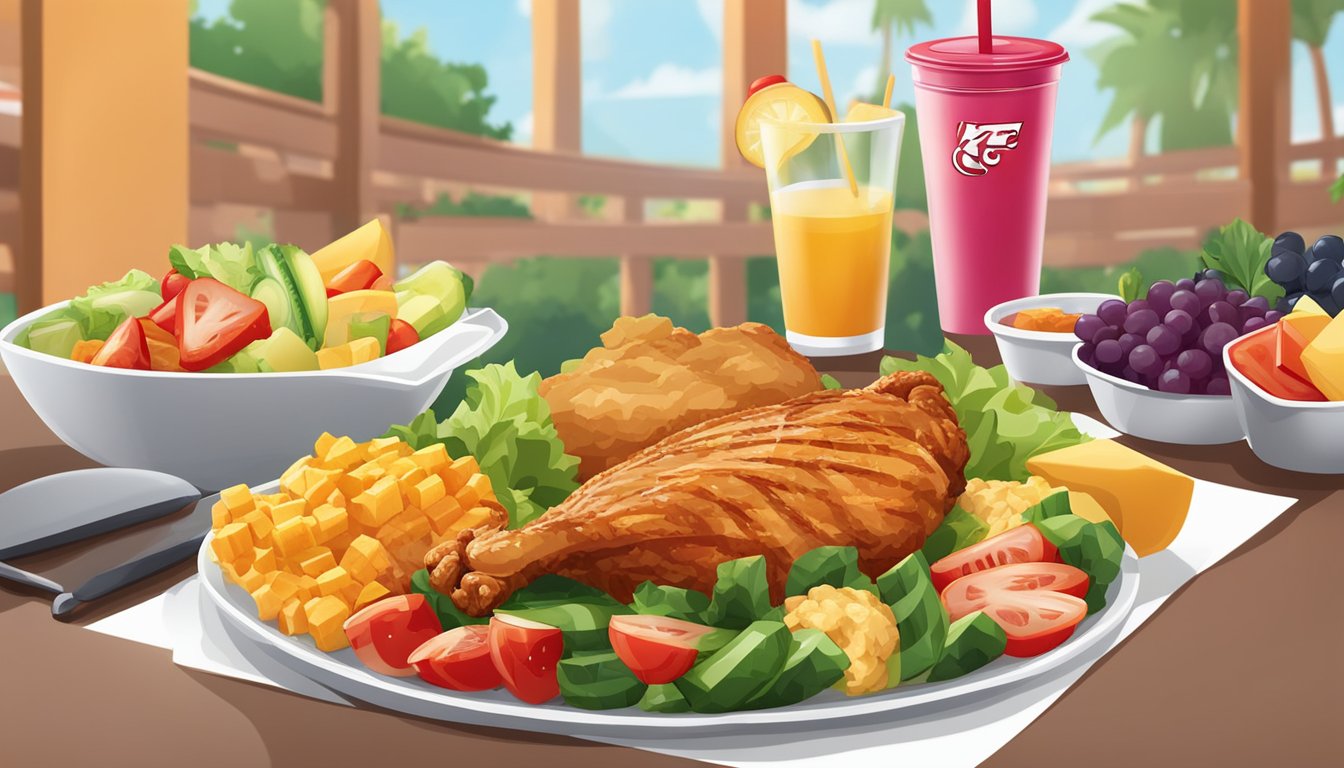 A plate of KFC's Grilled Chicken surrounded by colorful, fresh vegetables and a side of fruit, presented in a fast food setting