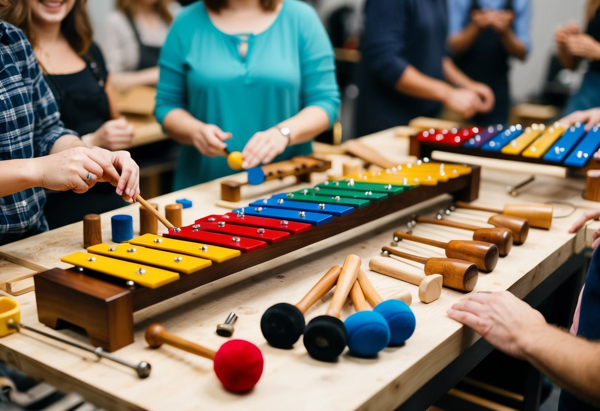 A xylophone making workshop: colorful xylophone keys, wooden mallets, and various tools on a workbench, surrounded by eager participants