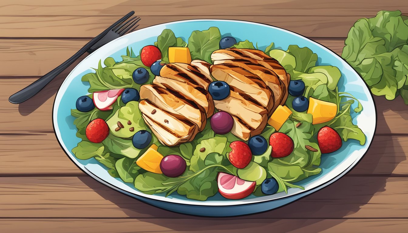 A colorful salad with grilled chicken, mixed greens, fresh fruit, and nuts, served in a vibrant bowl on a wooden table