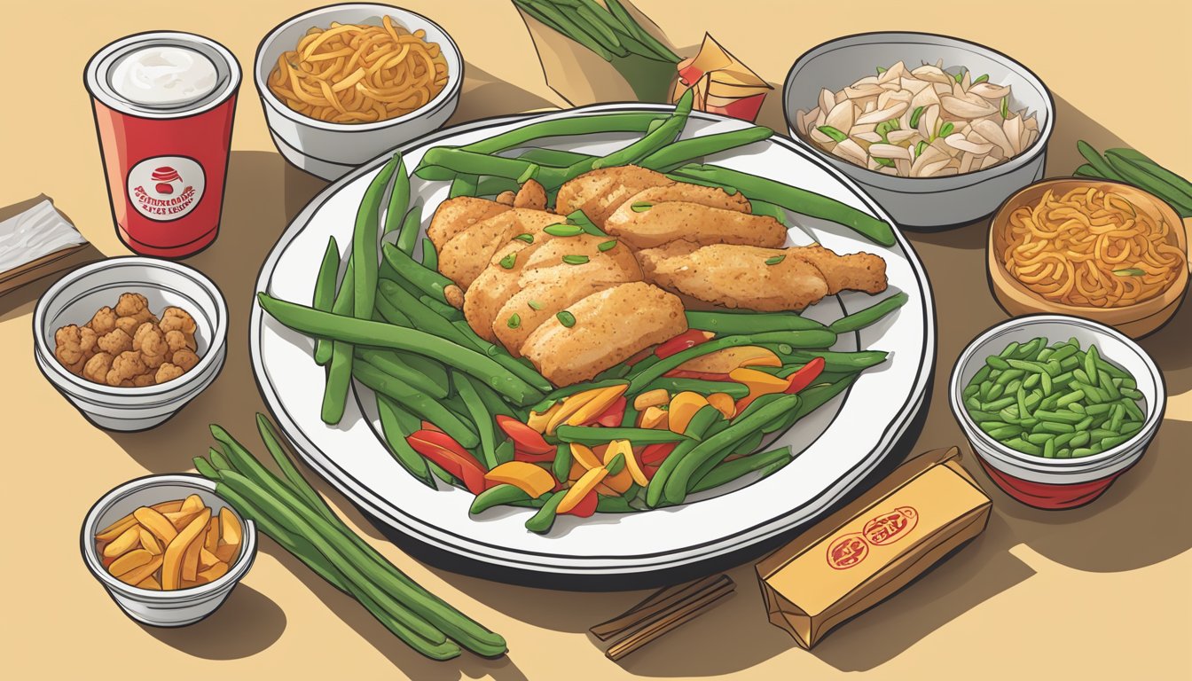 A plate of String Bean Chicken Breast from Panda Express, surrounded by other fast food items labeled as "healthy" but not actually healthy