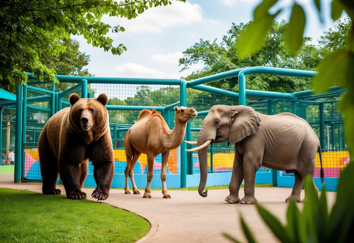 A bear, a camel, a dolphin, and an elephant explore the zoological park, surrounded by lush greenery and colorful animal enclosures