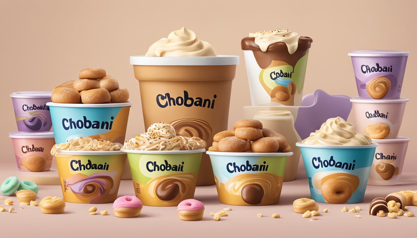 A colorful display of Chobani Flip Peanut Butter Dream yogurts surrounded by sugary doughnuts