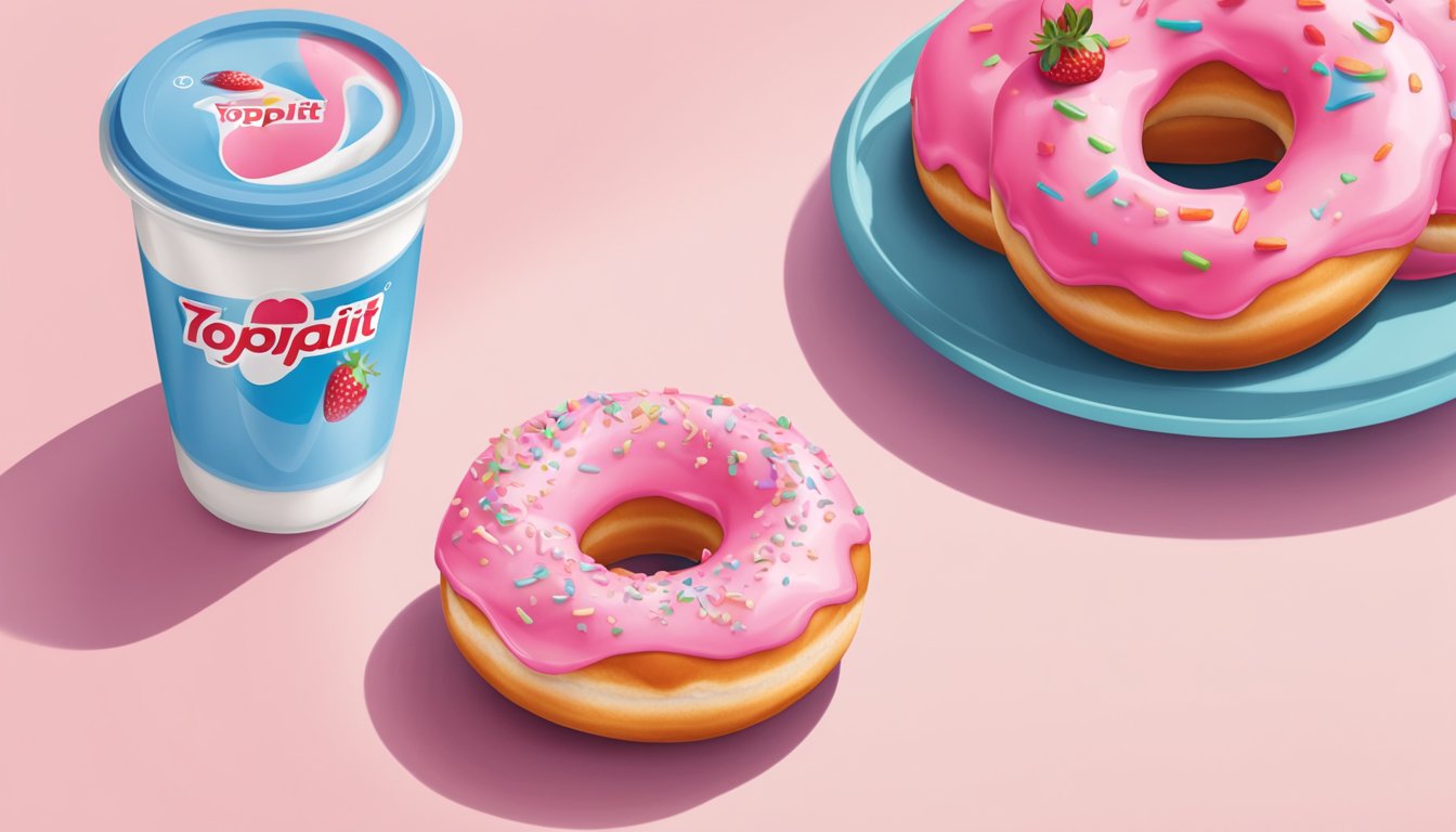 A table with 10 Yoplait Original Strawberry yogurts next to a glazed doughnut, emphasizing the higher sugar content