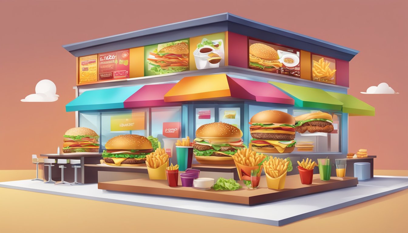 A fast food restaurant with a colorful menu board and enticing food items, surrounded by misleading health claims