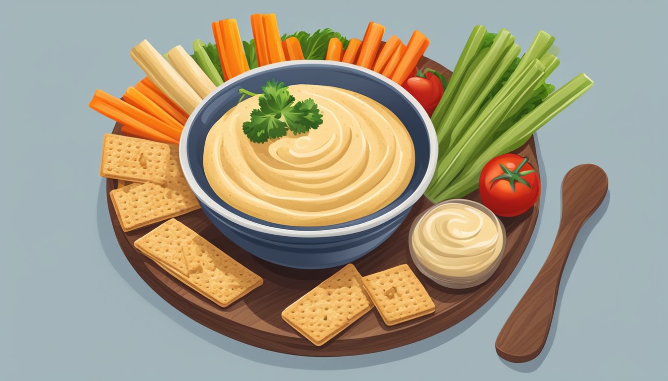 A bowl of hummus with a dollop of tahini surrounded by colorful vegetable sticks and crackers on a wooden serving board